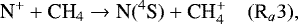 \begin{equation*}\textrm{N}^&#x002B; &#x002B; \textrm{CH}_4 \rightarrow {\textrm{N}}(^4\textrm{S}) &#x002B; \textrm{CH}_4^&#x002B; \quad (\textrm{R}_a3), \end{equation*}