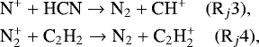 \begin{equation*}\begin{aligned} \hspace*{-2pt}& \textrm{N}^&#x002B; &#x002B; \textrm{HCN}\rightarrow {\textrm{N}}_2 &#x002B; \textrm{CH}^&#x002B; \quad (\textrm{R}_j3),\\ \hspace*{-2pt}& \textrm{N}_2^&#x002B; &#x002B; \textrm{C}_2\textrm{H}_2 \rightarrow {\textrm{N}}_2 &#x002B; \textrm{C}_2\textrm{H}_2^&#x002B; \quad (\textrm{R}_j4), \end{aligned} \end{equation*}