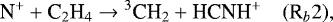 \begin{equation*}\textrm{N}^&#x002B; &#x002B; \textrm{C}_2\textrm{H}_4 \rightarrow {^3\textrm{CH}}_2 &#x002B; \textrm{HCNH}^&#x002B; \quad (\textrm{R}_b2), \end{equation*}