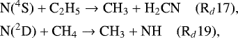 \begin{equation*}\begin{aligned} \hspace*{-2pt}& \textrm{N}(^4\textrm{S}) &#x002B; \textrm{C}_2\textrm{H}_5 \rightarrow {\textrm{CH}}_3 &#x002B; \textrm{H}_2\textrm{CN} \quad (\textrm{R}_d17),\\ \hspace*{-2pt}& \textrm{N}(^2\textrm{D}) &#x002B; \textrm{CH}_4 \rightarrow {\textrm{CH}}_3 &#x002B; \textrm{NH} \quad (\textrm{R}_d19),\\ \end{aligned} \end{equation*}