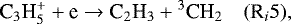 \begin{equation*}\textrm{C}_3\textrm{H}_5^&#x002B; &#x002B; \textrm{e} \rightarrow {\textrm{C}}_2\textrm{H}_3 &#x002B; {^3\textrm{CH}}_2 \quad (\textrm{R}_i5), \end{equation*}