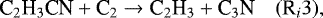 \begin{equation*}\textrm{C}_2\textrm{H}_3\textrm{CN} &#x002B; \textrm{C}_2 \rightarrow {\textrm{C}}_2\textrm{H}_3 &#x002B; \textrm{C}_3\textrm{N} \quad (\textrm{R}_i3),\\ \end{equation*}