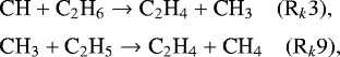 \begin{equation*}\begin{aligned} \hspace*{-2pt}&\textrm{CH} &#x002B; \textrm{C}_2\textrm{H}_6\rightarrow {\textrm{C}}_2\textrm{H}_4 &#x002B; \textrm{CH}_3 \quad (\textrm{R}_k3),\\[3pt] \hspace*{-2pt}&\textrm{CH}_3 &#x002B; \textrm{C}_2\textrm{H}_5\rightarrow {\textrm{C}}_2\textrm{H}_4 &#x002B; \textrm{CH}_4 \quad (\textrm{R}_k9), \end{aligned} \end{equation*}