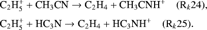 \begin{equation*}\begin{aligned} \hspace*{-2pt}& \textrm{C}_2\textrm{H}_5^&#x002B; &#x002B; \textrm{CH}_3\textrm{CN}\rightarrow {\textrm{C}}_2\textrm{H}_4 &#x002B; \textrm{CH}_3\textrm{CNH}^&#x002B; \quad (\textrm{R}_k24),\\[3pt] \hspace*{-2pt}& \textrm{C}_2\textrm{H}_5^&#x002B; &#x002B; \textrm{HC}_3\textrm{N}\rightarrow {\textrm{C}}_2\textrm{H}_4 &#x002B; \textrm{HC}_3\textrm{NH}^&#x002B; \quad (\textrm{R}_k25). \end{aligned} \end{equation*}