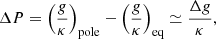 $$ \begin{aligned} \Delta P = \left(\frac{{ g}}{\kappa }\right)_{\rm pole} - \left(\frac{{ g}}{\kappa }\right)_{\rm eq} \simeq \frac{\Delta { g}}{\kappa }, \end{aligned} $$