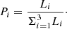 Mathematical equation: $$ \begin{aligned} P_i=\frac{L_i}{\Sigma _{i=1}^3 L_i}\cdot \end{aligned} $$