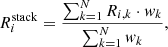 $$ \begin{aligned} R^\mathrm{stack}_i = \dfrac{\sum _{k=1}^{N} R_{i, k} \cdot w_k}{\sum _{k=1}^{N} w_k}, \end{aligned} $$