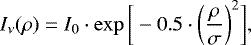Mathematical equation: \begin{equation*}I_{\nu} (\rho) = I_{0} \cdot \exp{ \bigg[-0.5 \cdot { \bigg(\frac{\rho}{\sigma} \bigg) }^{2} \bigg] } \mathrm{,} \end{equation*}