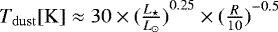 Mathematical equation: $T_{\mathrm{dust}} [\mathrm{K}] \approx 30 \times {(\frac{L_{\star}}{L_{\odot}})}^{0.25} \times {(\frac{R}{10})}^{-0.5}$