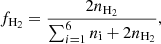 Mathematical equation: $$ \begin{aligned} f_{\rm H_2} = \frac{2 n_{\rm H_2}}{\sum _{i=1}^{6}{n_{\rm i}} + 2 n_{\rm H_2}}, \end{aligned} $$