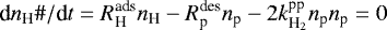 \begin{equation*} \textrm{d}n_{\textrm{H}}{{\#}}/\textrm{d}t=R{^{\textrm{ads}}_{\textrm{H}}}{n_{\textrm{H}}}-R{^{\textrm{des}}_{\textrm{p}}}{n_{\textrm{p}}}-2k{^{\textrm{pp}}_{\textrm{H}_2}}{n_{\textrm{p}}}{n_{\textrm{p}}}=0 \end{equation*}