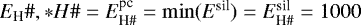 $E_{\textrm{H}}{{\#}},*H{{\#}} =E^{\textrm{pc}}_{\textrm{H}{\#}}=\min(E^{\textrm{sil}})=E^{\textrm{sil}}_{\textrm{H}{{\#}}}=1000$