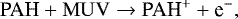 \begin{equation*} \textrm{PAH} &#x002B; \mathrm{MUV} \rightarrow\textrm{PAH}^&#x002B; &#x002B; \textrm{e}^-, \end{equation*}