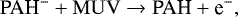 \begin{equation*} \textrm{PAH}^{-} &#x002B; \mathrm{MUV} \rightarrow\textrm{PAH} &#x002B; \textrm{e}^-, \end{equation*}