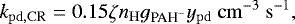 \begin{equation*} k_{\mathrm{pd,CR}}=0.15 \zeta n_{\mathrm{H}} g_{\textrm{PAH}^-} y_{\mathrm{pd}}\ \mathrm{cm}^{-3}\ \mathrm{s}^{-1}, \end{equation*}