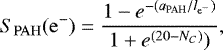 \begin{equation*} S_{\mathrm{PAH}}({\mathrm{e}^-}) = \frac{1-e^{-(a_{\textrm{PAH}}/l_{\textrm{e}^-})}}{1&#x002B;e^{(20-N_C)})}, \end{equation*}