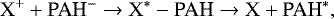 \begin{equation*} \mathrm{X}^&#x002B; &#x002B; \textrm{PAH}^- \rightarrow\mathrm{X}^*-\textrm{PAH} \rightarrow\mathrm{X} &#x002B; \textrm{PAH}^*, \end{equation*}