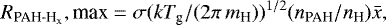 \begin{equation*} R_{{\textrm{PAH-H}_{\textrm{x}}}},\textrm{max}= \sigma (kT_{\textrm{g}}/(2\pi\,m_{\textrm{H}})){}^{1/2} (n_{\textrm{PAH}}/n_{\textrm{H}}) \bar{x}, \end{equation*}