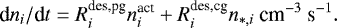 \begin{equation*} \textrm{d}n_i/\textrm{d}t = R^{\textrm{des,pg}}_i n^{\textrm{act}}_i &#x002B; R^{\textrm{des,cg}}_in_{*,i} \ \textrm{cm}^{-3}\ \textrm{s}^{-1}. \end{equation*}