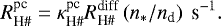 \begin{equation*} R^{\textrm{pc}}_{\textrm{H}{\#}} = \kappa^{\textrm{pc}}_{\textrm{H}{\#}} R^{\textrm{diff}}_{\textrm{H}{{\#}}} \left(n_{*}/ n_{\textrm{d}}\right)\ \textrm{s}^{-1}.\end{equation*}