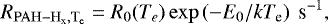 \begin{equation*} R_{\mathrm{PAH-H}_{\textrm{x}},\textrm{T}_{\textrm{e}}} = R_0(T_e) \exp\left(-E_0/kT_{\textrm{e}}\right) \ \textrm{s}^{-1}, \end{equation*}