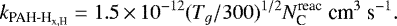 \begin{equation*} k_{{\textrm{PAH-H}_{\textrm{x,H}}}} = 1.5 \,{\times}\,10^{-12}(T_g/300){}^{1/2} N^{\textrm{reac}}_{\textrm{C}} \ \textrm{cm}^{3}\ \textrm{s}^{-1}.\end{equation*}