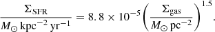 $$ \begin{aligned} \frac{\Sigma _{\mathrm{SFR}}}{{M}_{\odot }\,\mathrm{kpc}^{-2}\,\mathrm{yr}^{-1}} = 8.8 \times 10^{-5} \Bigg ( \frac{\Sigma _{\mathrm{gas}}}{{M}_{\odot }\,\mathrm{pc}^{-2}}\Bigg )^{1.5}. \end{aligned} $$
