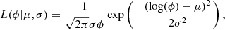 $$ \begin{aligned} L(\phi | \mu ,\sigma ) = \frac{1}{\sqrt{2\pi }\sigma \phi } \exp \left(-\frac{(\log (\phi ) -\mu )^2}{2\sigma ^2}\right) , \end{aligned} $$
