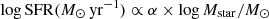 $ \log\mathrm{SFR}(M_{\odot}\,\mathrm{yr}^{-1}) \propto \alpha \times \log{M_{\mathrm{star}}/M_{\odot}} $