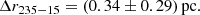$$ \begin{aligned} \Delta r_{235-15} =(0.34 \pm 0.29)\,\mathrm{pc}. \end{aligned} $$