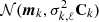 $ \mathcal{N}(\boldsymbol{m}_k,\sigma_{k,\ell}^2 \mathbf{C}_k) $