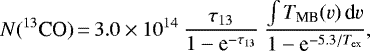 \begin{equation*} N(^{13}{\textrm{CO}}) \,{=}\, 3.0\times10^{14} \: \frac{\tau_{13}}{1-\textrm{e}^{-\tau_{13}}} \: \frac{\int T_{\textrm{MB}}(v)\, \textrm{d}v}{1-\textrm{e}^{-5.3/T_{\textrm{ex}}}},\end{equation*}