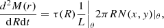 $$ \begin{aligned} \frac{d^2M(r)}{\mathrm{d}R\mathrm{d}t}=\tau (R)\frac{1}{L}\bigg \vert _\theta 2\pi R N(x,{ y})\vert _\theta , \end{aligned} $$