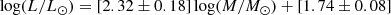 $$ \begin{aligned} \log (L/L_{\odot }) = [2.32 \pm 0.18] \log (M/M_{\odot }) + [1.74 \pm 0.08] \end{aligned} $$