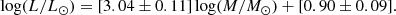 $$ \begin{aligned} \log (L/L_{\odot }) = [3.04 \pm 0.11] \log (M/M_{\odot }) + [0.90 \pm 0.09]. \end{aligned} $$