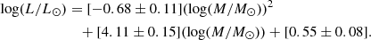 $$ \begin{aligned} \log (L/L_{\odot })&= [-0.68 \pm 0.11] (\log (M/M_{\odot }))^2 \nonumber \\&\quad + [4.11 \pm 0.15] (\log (M/M_{\odot })) + [0.55 \pm 0.08 ]. \end{aligned} $$