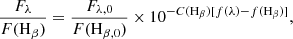 $$ \begin{aligned} \frac{F_{\lambda }}{F(\mathrm{H}_{\beta })}=\frac{F_{\lambda ,0}}{F(\mathrm{H}_{\beta ,0})}\times 10^{-C(\mathrm{H}_{\beta })[f(\lambda )-f(\mathrm{H}_{\beta })]} , \end{aligned} $$
