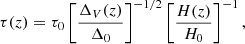 $$ \begin{aligned} \tau (z)=\tau _0 \left[\frac{\Delta _V(z)}{\Delta _0} \right]^{-1/2} \left[\frac{H(z)}{H_0} \right]^{-1}, \end{aligned} $$