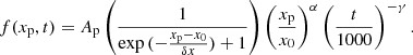 $$ \begin{aligned} f(x_{\rm p}, t) = A_{\rm p}\left(\frac{1}{\exp {(-\frac{x_{\rm p}-x_0}{\delta x}})+1}\right) \left(\frac{x_{\rm p}}{x_0}\right)^{\alpha } \left(\frac{t}{1000}\right)^{-\gamma }. \end{aligned} $$