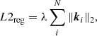 $$ \begin{aligned} L2_{\rm reg} = \lambda \sum \limits _i^{N} \Vert \boldsymbol{k}_i\Vert _2, \end{aligned} $$