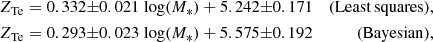 $$ \begin{aligned} Z_{\mathrm{Te}}&= 0.332{{ {\pm 0.021} }}\;\mathrm{log}(M_{*}) + 5.242{ {\pm 0.171} }&\mathrm{(Least\,squares)},\nonumber \\ Z_{\mathrm{Te}}&= 0.293{{ {\pm 0.023} }}\;\mathrm{log}(M_{*}) + 5.575{{ {\pm 0.192} }}&\mathrm{(Bayesian)}, \end{aligned} $$