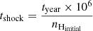$$ \begin{aligned} t_{\rm shock} = \frac{t_{\rm year}\times 10^{6}}{n_{\rm H_{initial}}} \end{aligned} $$