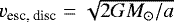 $v_{\textrm{esc, disc}} = \sqrt{2G M_{\odot} / a}$
