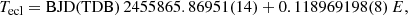 $$ \begin{aligned} T_\mathrm{ecl} = \mathrm{BJD(TDB)} \,2455865.86951(14) + 0.118969198(8)\,E, \end{aligned} $$