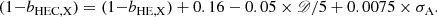 $$ \begin{aligned} (1{-}b_{\rm HEC,X})=(1{-}b_{\rm HE,X})+0.16 -0.05 \times \fancyscript {D}/5 +0.0075 \times \sigma _{\rm A}. \end{aligned} $$