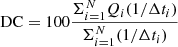 $$ \begin{aligned} \mathrm{DC} = 100 \frac{\Sigma _{i=1}^N{Q_i (1/\Delta t_i)}}{\Sigma _{i=1}^{N} (1/\Delta t_i)} \end{aligned} $$
