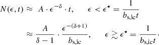 $$ \begin{aligned} N(\epsilon , t )&\approx \,\,A \cdot \epsilon ^{-\delta } \cdot t , \qquad \epsilon < \epsilon ^{\star } = \frac{1}{b_{\rm s,ic}t} \nonumber \\&\approx \frac{A}{\delta -1}\cdot \frac{\epsilon ^{-(\delta +1)}}{b_{\rm s,ic}}, \qquad \epsilon \gtrsim \epsilon ^{\star } = \frac{1}{b_{\rm s,ic}t}\cdot \end{aligned} $$