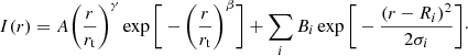 $$ \begin{aligned} I(r)=A \Bigg (\frac{r}{r_{\rm t}} \Bigg )^{\gamma } \exp {\Bigg [ -\Bigg ( \frac{r}{r_{\rm t}} \Bigg )^{\beta } \Bigg ]}+\sum _{i} B_i \exp {\Bigg [ -\frac{(r-R_i)^2}{2\sigma _i} \Bigg ]}\cdot \end{aligned} $$