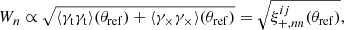 $$ \begin{aligned} W_n \propto \sqrt{ \langle \gamma _{\mathrm{t}}\gamma _{\mathrm{t}}\rangle (\theta _{\mathrm{ref}}) + \langle \gamma _\times \gamma _\times \rangle (\theta _{\mathrm{ref}})} = \sqrt{\xi _{+,nn}^{ij}(\theta _{\mathrm{ref}})}, \end{aligned} $$