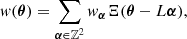 $$ \begin{aligned} { w}({\boldsymbol{\theta }}) = \sum _{{\boldsymbol{\alpha }} \in \mathbb{Z} ^2} { w}_{{\boldsymbol{\alpha }}} \Xi ({\boldsymbol{\theta }}-L{\boldsymbol{\alpha }}), \end{aligned} $$